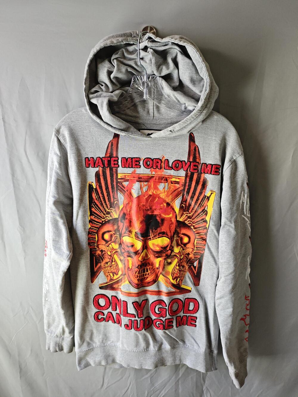 Maison Noir Hoodie Mens Small Only God Can Judge Me Skull Flames Streetwear Grap